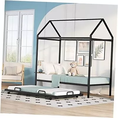 Metal Twin Bed With Trundle Montessori Beds Kids Canopy Bed Frame Twin Black • £176.66