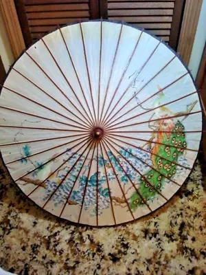 Vintage Asian Design Wood And Paper Umbrella Parasol Peacock Floral 30  Diameter • $14.95