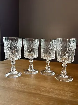 Set Of 4 Vintage Russian Diamond Cut Crystal Glass 8 Oz Wine Water Goblets Glass • $25