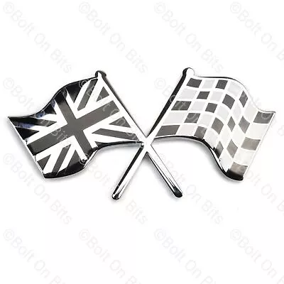 Black & Chrome Union Jack Chequered Flags Badge Metal Enamel Self Adhesive • £9.99