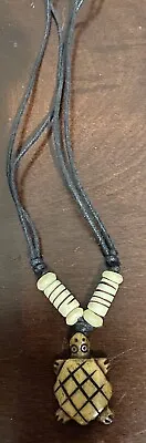 Carved Tibetan Yak Bone Turtle Necklace W/Beads & Adjustable Black Leather Cord • $9.99