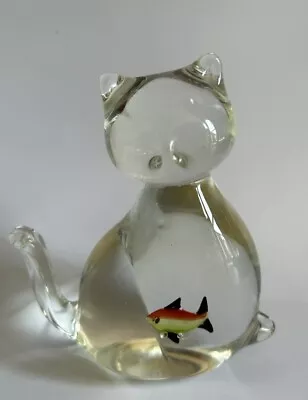 Art Glass Cat With Fish In Belly. Murano Style. Clear No Chips Or Cracks. • $31.25