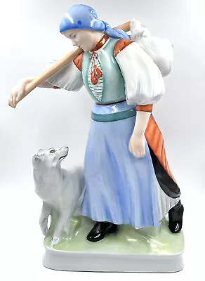 Zsolnay Antique Porcelain Sculpture  Peasant Woman And Her Dog 1900 - 1940 • $200