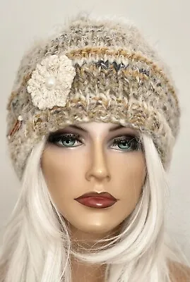 Hand Knits 2 Love Slouch Hat Beanie Cap Beret Mohair Style Flower Pearl Designer • $62.10