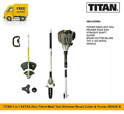 TITAN 3 In 1 EXTRA 25cc Petrol Multi Tool Strimmer Brush Cutter & Pruner • £999.99