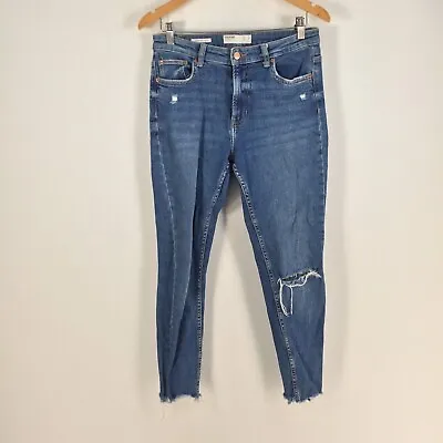 $24.95 • Buy Bershka Womens Denim Jeans Size US 8 Aus 12 Blue Ripped Knee Cotton 055965