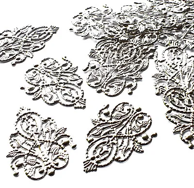 20 Silver Tone Metal Ornate Leaf Embellishments Charms Filigree Shape Craft 34mm • £2.12