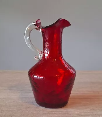 Vintage Ruby Red Crackle Glass Mini Pitcher Ruffle Top Clear Handle • $4.99