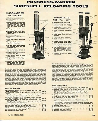 $9.99 • Buy 1974 Print Ad Ponsness Warren Mult-O-Matic 600 Du-O-Matic 375 Shotshell Reloader