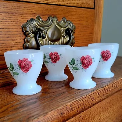 Arcopal Milk Glass Footed Egg Cups France Red Rose Design Set Of 4 Vintage 1970s • $23.25