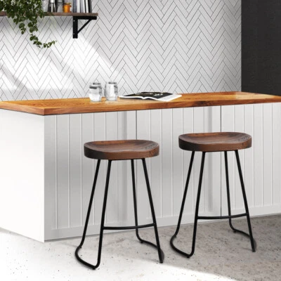 $178.95 • Buy Set Of 2 Tractor Bar Stool Elm Wood Backless Bar Stools 65cm - Dark Natural