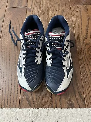 Mizuno Women Sz 6 Wave Lightning Volleyball Shoes Red White Blue • $19