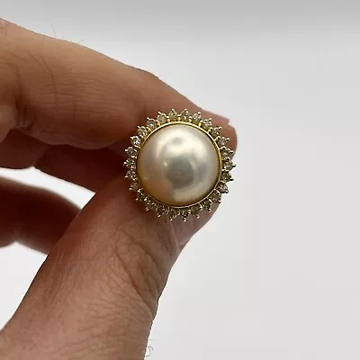 Estate 14K Yellow Gold Mabe Pearl And Diamond Halo Ring Size 3.5 • $399.99