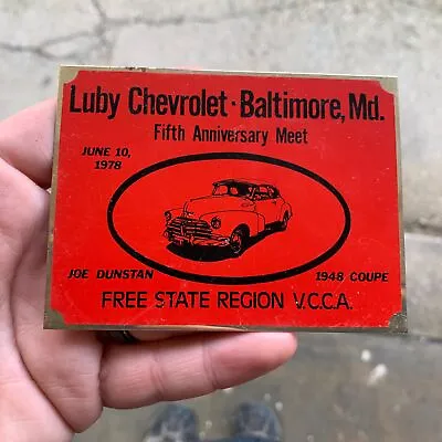 VTG 1978 VCCA Vintage Chevrolet Club Car Show Dash Plaque Baltimore MD - LUBY • $24.95