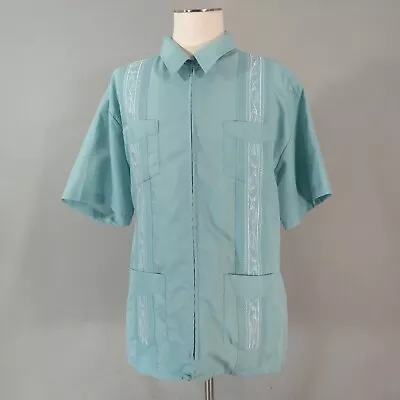 Haband Guayabera Shirt Men's XL Extra Large Green Aqua Short Sleeve Full Zip • $13.50