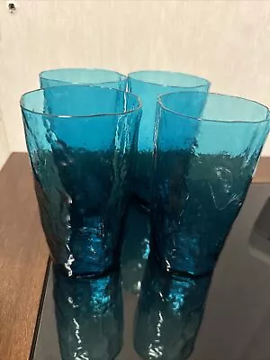 MORGANTOWN CRINKLE Peacock Blue 5  Drinking Glasses 4pc MCM Vtg • $15