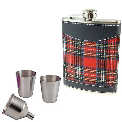 Hip Flask 8oz Set Stainless Steel Red Tartan Hip Flask 2 Cups And Funnel • £8.99