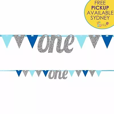 1st Birthday Party Supplies Blue & Silver Glitter One Pennant Banner Boys First • $9.99