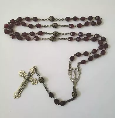 Vtg Rosary Red Garnet Glass Our Father Capped Beads Mary Medal Crucifix Italy  • $19.98