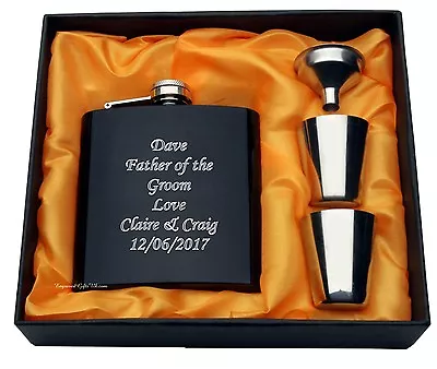 Personalised Engraved 6oz Black Hip Flask Set Father Of The Bride Groom Gift  • £13.95