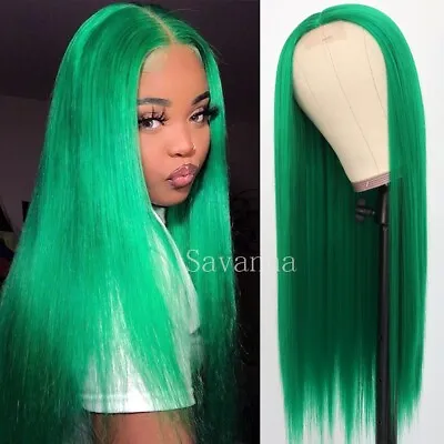 Long Green Lace Front Wig Straight Synthetic Wigs Heat Resistant For Women Party • $19.25