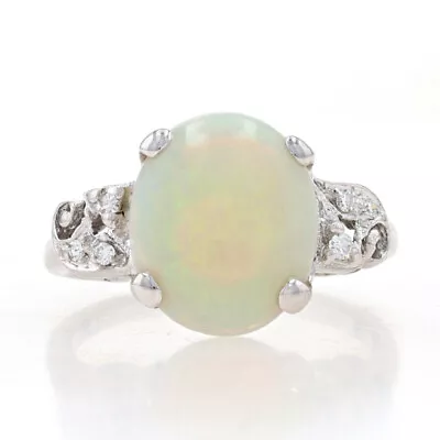 White Gold Opal & Diamond Vintage Ring - 14k Oval Cabochon 2.66ctw Milgrain Sz 6 • $799.99