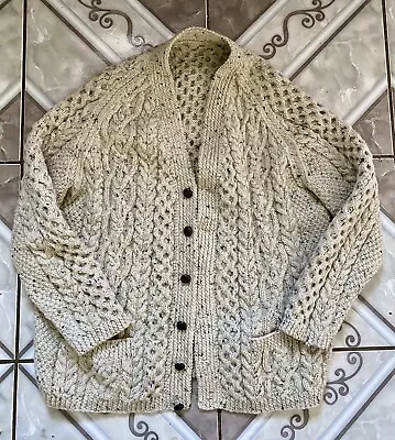 Vintage Aran Cardigan Sweater Scottish Irish Undyed Beige Bainin Wool Handmade • $80