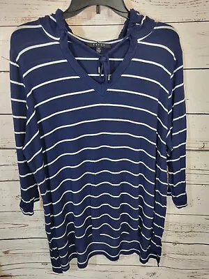 Cyrus Navy Blue Striped V-Neck 3/4 Sleeve High-Low Hoodie Top Women's Size 2X • $13.27