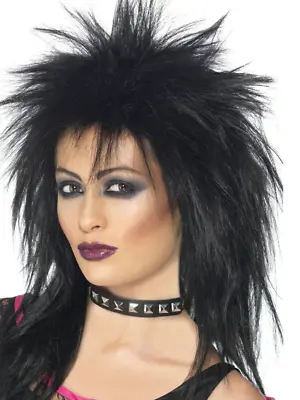 Black Rock Diva Wig Ladies 80s Fancy Dress Accesssory Wig 1980s Punk Wig • £10.99