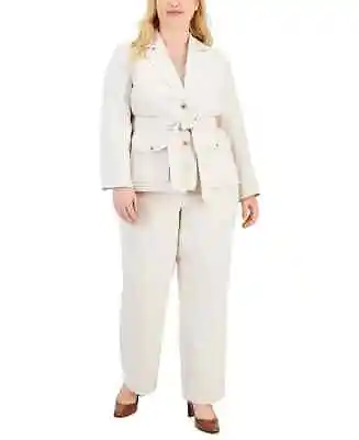 Le Suit Women's Belted Safari Jacket Pantsuit Blazer + Pants Khaki/White Size 16 • $138.47