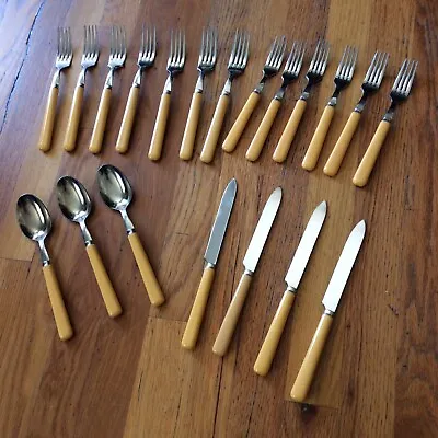 Vintage 20 Piece Flatware Set Inox France Mid Century Yellow Orange Handles Mcm • $24.95