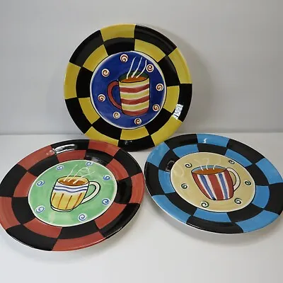 Vintage Set Of 3 Hand Painted Jazz Cafe Coffee Motif Plates NWT 8  Dessert • $12.59