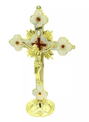 $15 • Buy Antique Beige & Gold Catholic Altar Standing Wall Crucifix INRI Jerusalem 6.2 