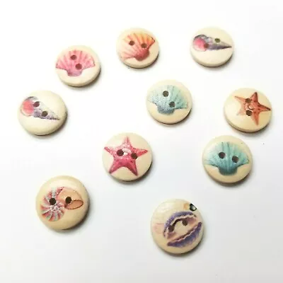 10 Decorative Sea Shell Star Fish Wooden Buttons 2-Hole 0.6  (15mm) Scrapbook • $3.70