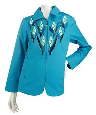 Bob Mackie Embroidered Ikat Zip Front Jacket Turquoise 2X • $15