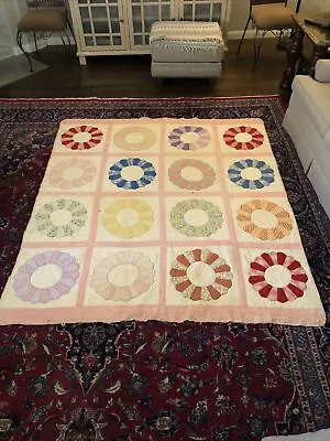 Dresden Plate Quilt 1940s  Hand Pieced And Quilted • $74.99