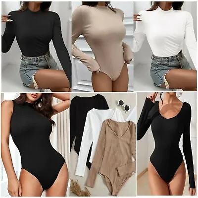 NEW Women's Hot Long Sleeve Ribbed Bodysuit Racer V Round Neck Stretch Leotard • £8.49