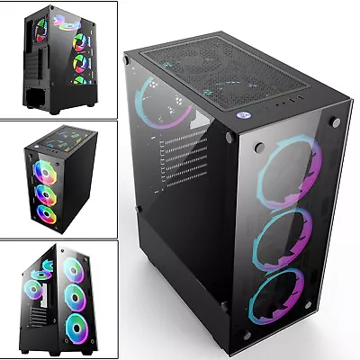 Mid Tower ATX Gaming Computer PC Case RGB LED Tempered Glass 6x Halo Ring Fans • £49.90