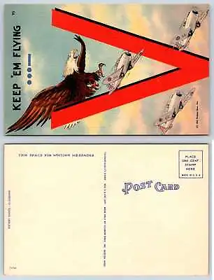 Patriotic WWII V Victory Keep 'Em Flying Bald Eagle Fighter Postcard F207 • $9.99