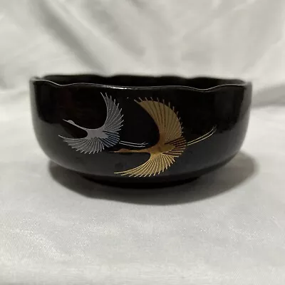 Japanese Handcrafted Black Matcha Tea Bowl Oriental Silver And Gold Birds Design • $22