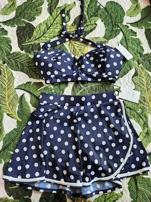 ~Brand New~ Unique Vintage Navy/White Polka Dot Skirted Bikini (L) And Top (XL) • £36.15