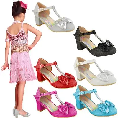 £14.99 • Buy Girls Kids Childrens Party Sandals Diamante Wedding Low Heel Shoes Dance Size