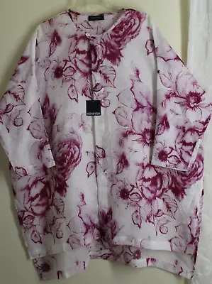 NWT Eskandar O/S CABBAGE ROSE PINK WHITE Floral 39 L Linen Tunic Top 0 • $1920