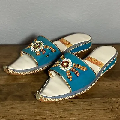 RARE 40s Vtg Hand Made Folk Art Blue Leather Beaded Sequin Shoes Istanbul Turkey • $57.72