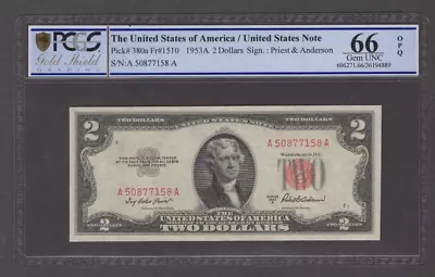 1953A $2 Two Dollars U.S. Note Fr. 1510 Priest/Anderson - PCGS 66 Gem UNC S1322 • $84.99