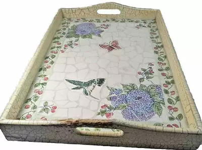 Vintage Wooden & Ceramic Tile Mosaic Inlay Bed Serving Tray Handles Hand Paint • $15.92