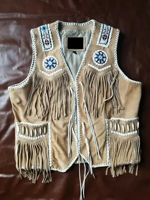 Handmade Suede Fringe Vest - Western Style Native American Beads & Braids MV01 • $79.20