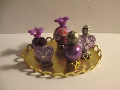 Dollhouse Miniature  Perfume  Bottles In Shades Of Purples On A Gold Vanity Tray • $3