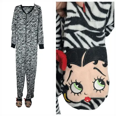 Betty Boop Womens Pajamas Zebra Print Soft Fleece 1pc Footed Jumpsuit Union Suit • £24.10