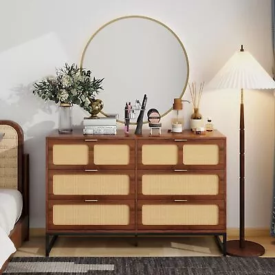 6 Drawers Rattan Dresser Mid-Century Modern Dresser Chest Of Drawers • $270.22